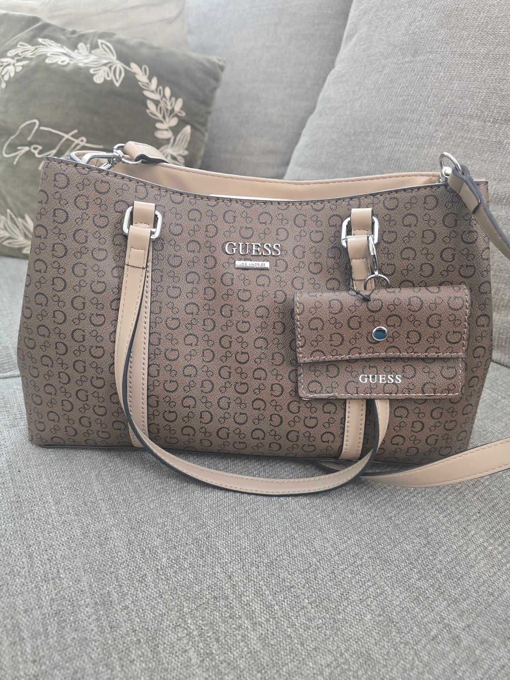 GUESS Brown Logo Handbag with Removable Pouch